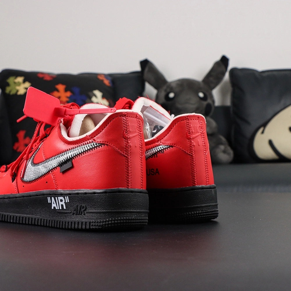 Off-White x Air Force 1 Low SP Red Black - lateral side profile silver Swoosh AIR midsole black outsole
