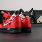 Off-White x Air Force 1 Low SP Red Black - lateral side profile silver Swoosh AIR midsole black outsole
