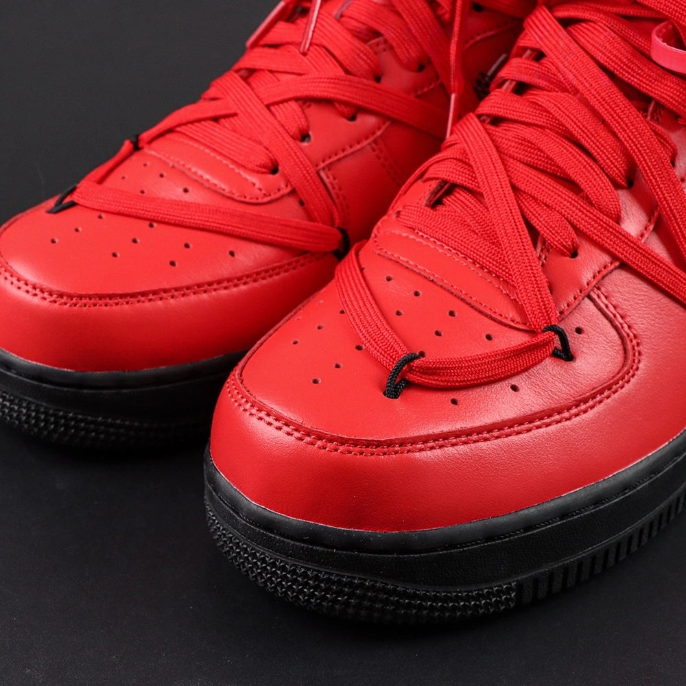 Off-White x Air Force 1 Low SP Red Black - pair overhead flat lay with Off-White hangtag