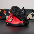 Off-White x Air Force 1 Low SP Red Black - pair three quarter view AIR midsole text black outsole