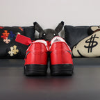 Off-White x Air Force 1 Low SP Red Black - pair three quarter view with orange Off-White box