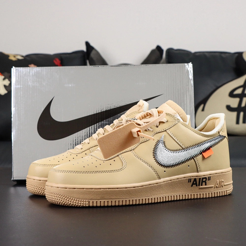 Off-White x Air Force 1 Low SP Sesame - lateral side profile silver Swoosh AIR midsole Pikachu