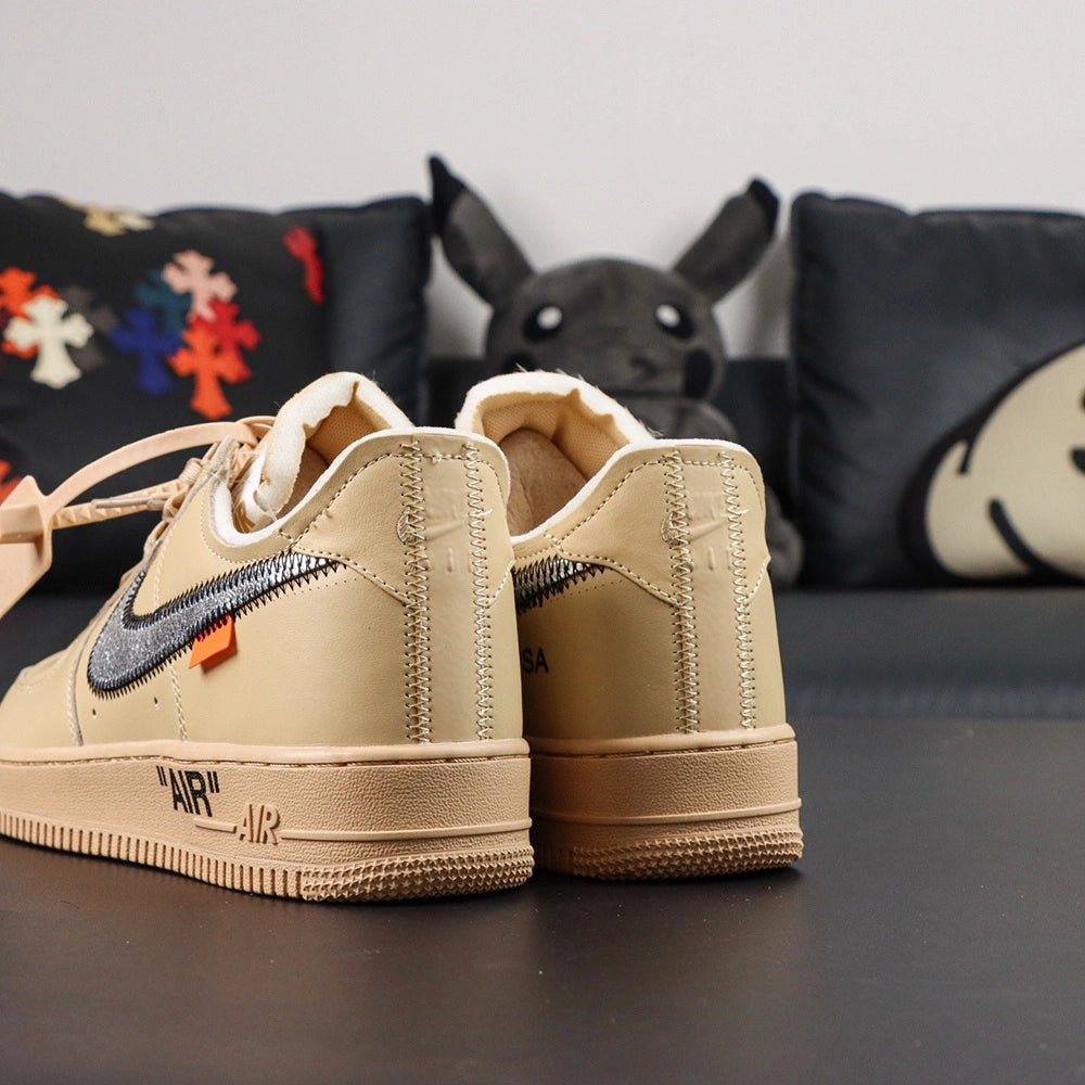 Off-White x Air Force 1 Low SP Sesame - pair three quarter view rear zip orange hangtag Pikachu