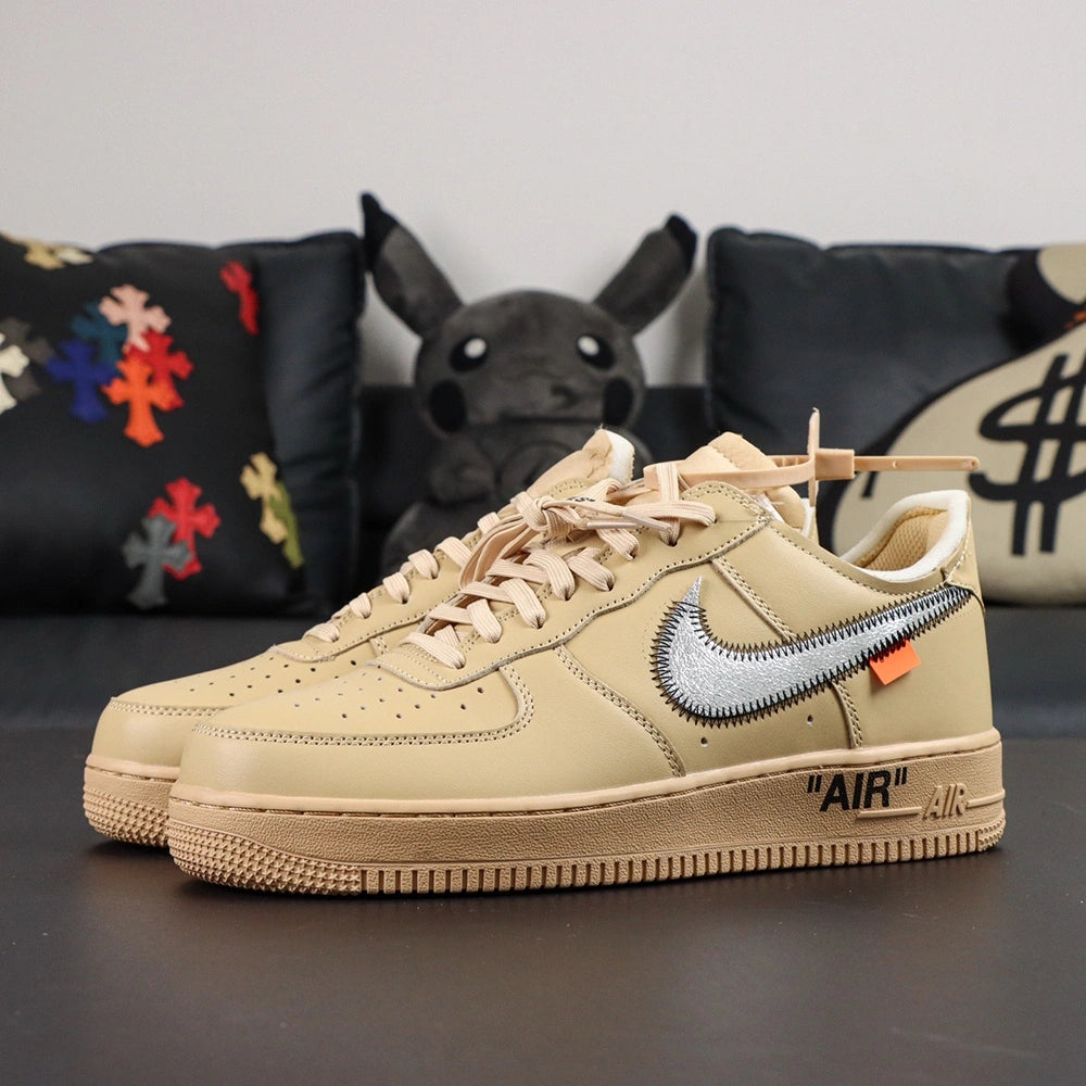 Off-White x Air Force 1 Low SP Sesame - pair three quarter view silver Swoosh AIR midsole Pikachu