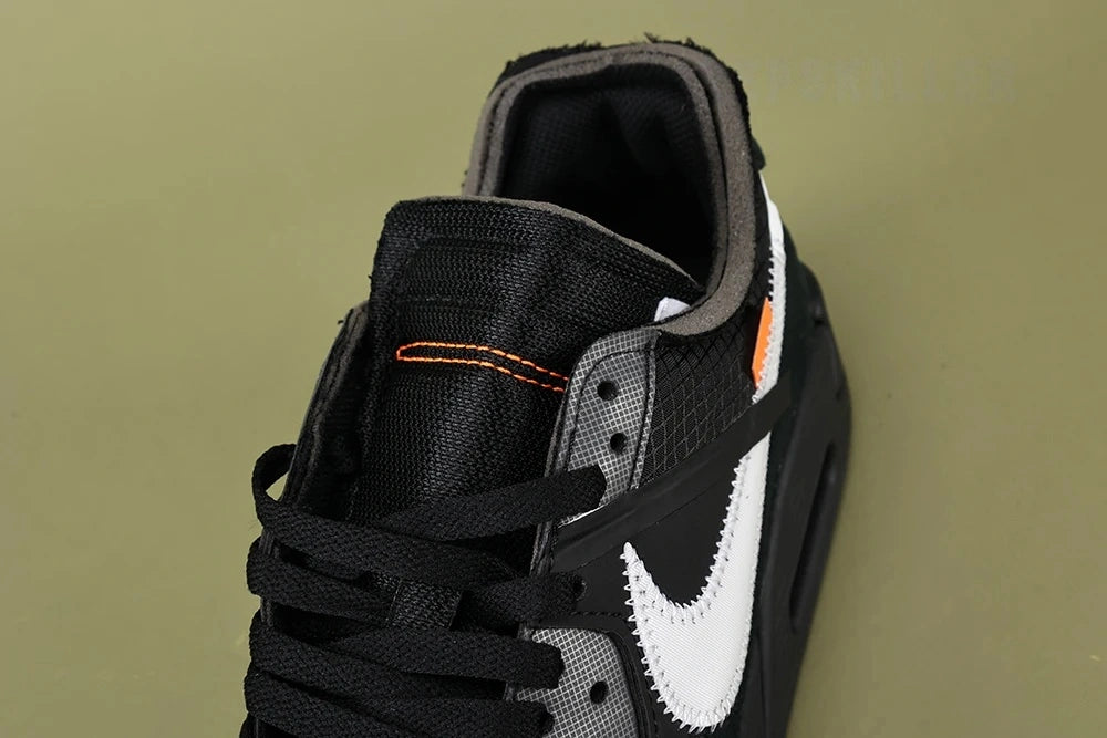 Off-White x Air Max 90 Black - Box Label Close Up Showing THE 10 AM90 Model Name Black-Cone-White Colorway AA7293 001 Style Code and SGS Authentication Sticker