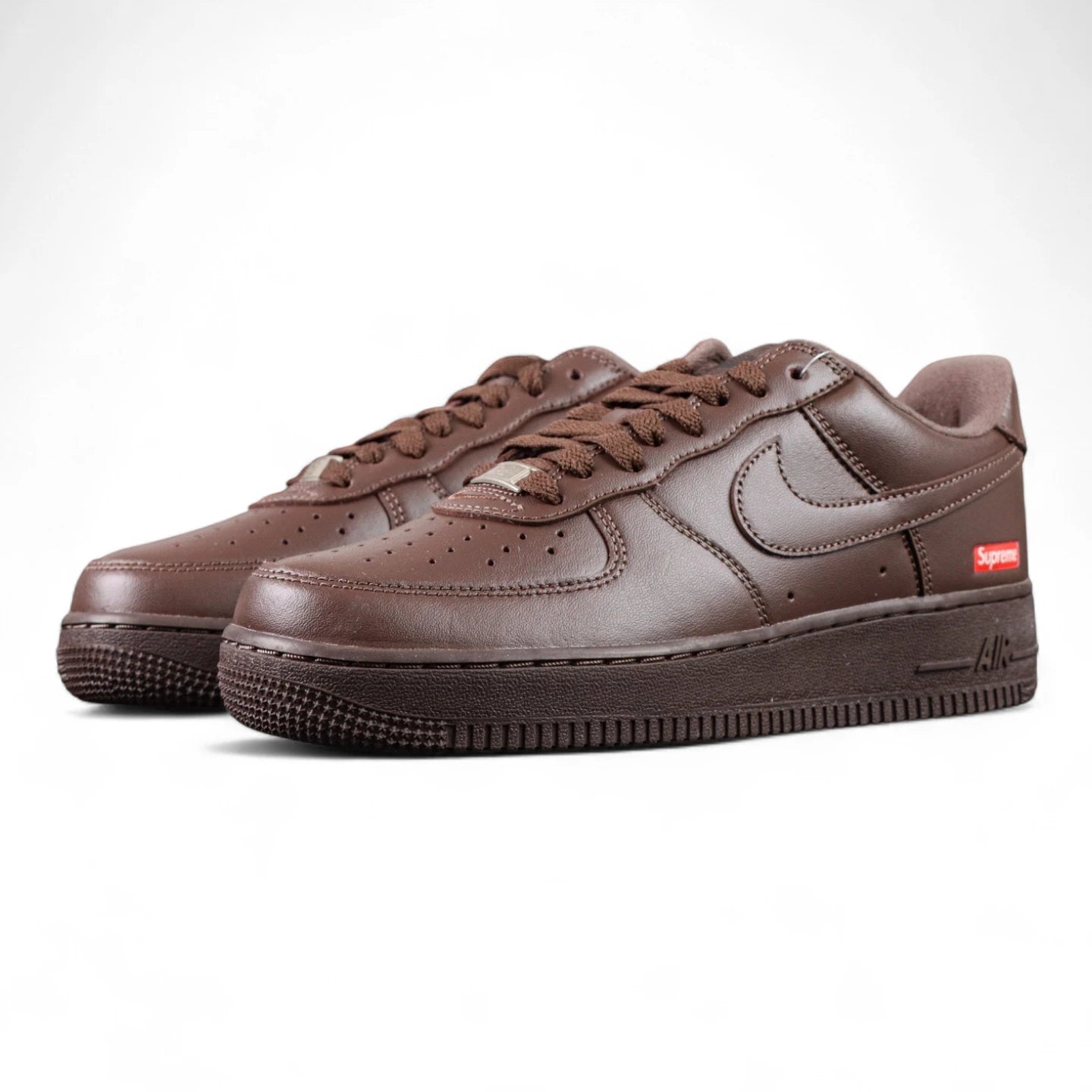 Supreme x Air Force 1 Low Box Logo Baroque Brown - pair three quarter front view with brown outsole Pikachu