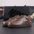 Supreme x Air Force 1 Low Box Logo Baroque Brown - pair three quarter view red Supreme badge AIR midsole Pikachu