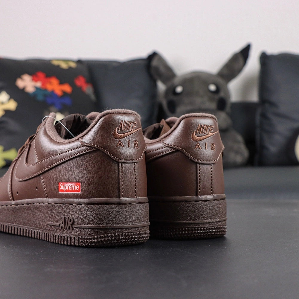 Supreme x Air Force 1 Low Box Logo Baroque Brown - pair rear view heel Nike Air embroidery Supreme badge Pikachu