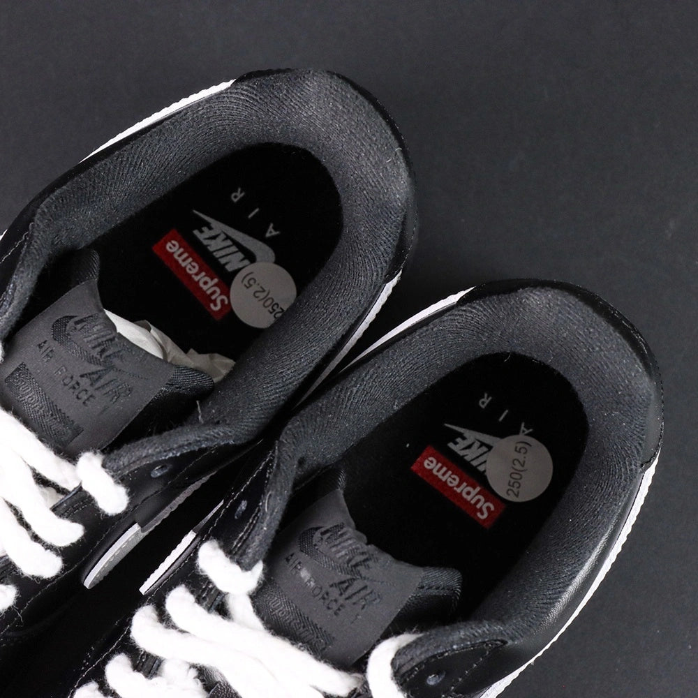 Supreme x Air Force 1 Low Box Logo Black White White Laces - pair with black Nike box Pikachu