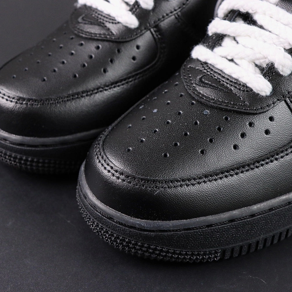 Supreme x Air Force 1 Low Box Logo Black White White Laces - single shoe lateral profile white Swoosh red Supreme badge Pikachu
