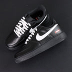 Supreme x Air Force 1 Low Box Logo Black White White Laces - single shoe medial profile white Swoosh Pikachu lifestyle