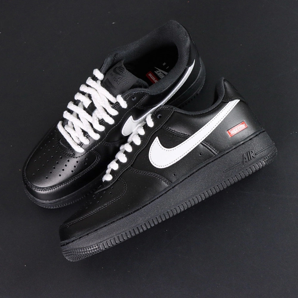 Supreme x Air Force 1 Low Box Logo Black White White Laces - single shoe medial profile white Swoosh Pikachu lifestyle