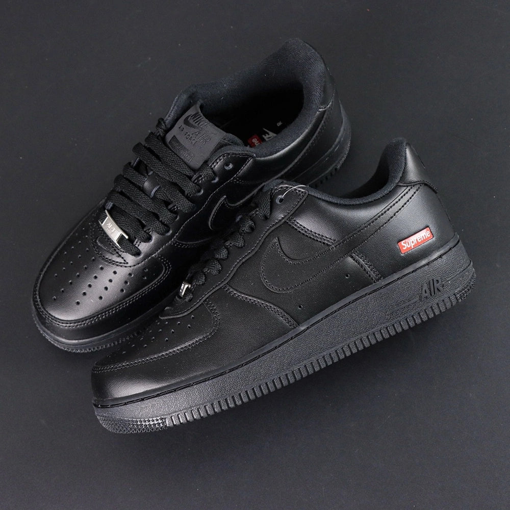 Supreme x Air Force 1 Low Box Logo Black 2020 - lateral side profile red Supreme badge black Swoosh Pikachu