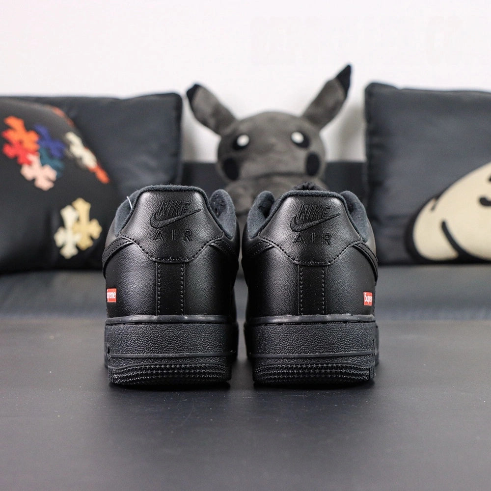 Supreme x Air Force 1 Low Box Logo Black 2020 - pair rear view Nike Air embroidery Supreme badge Pikachu