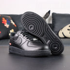 Supreme x Air Force 1 Low Box Logo Black 2020 - toe box pair close up silver AF1 Supreme dubrae perforations