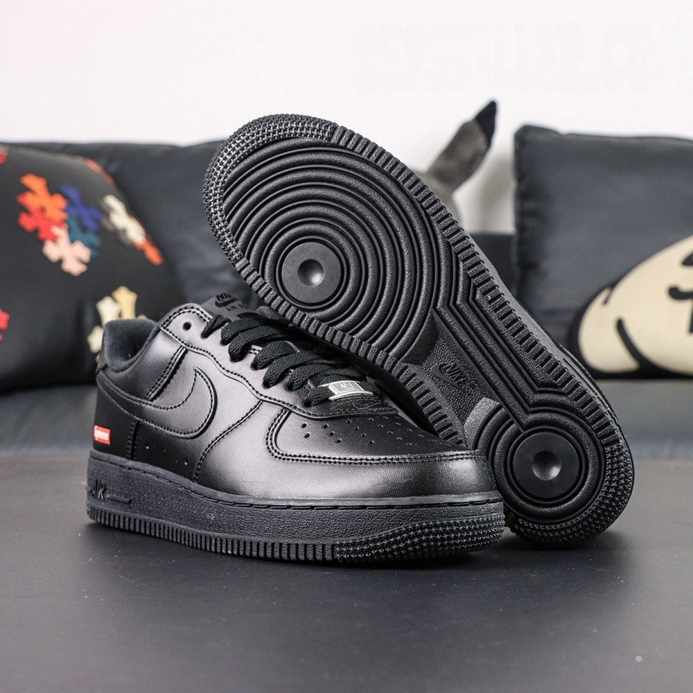 Supreme x Air Force 1 Low Box Logo Black 2020 - toe box pair close up silver AF1 Supreme dubrae perforations