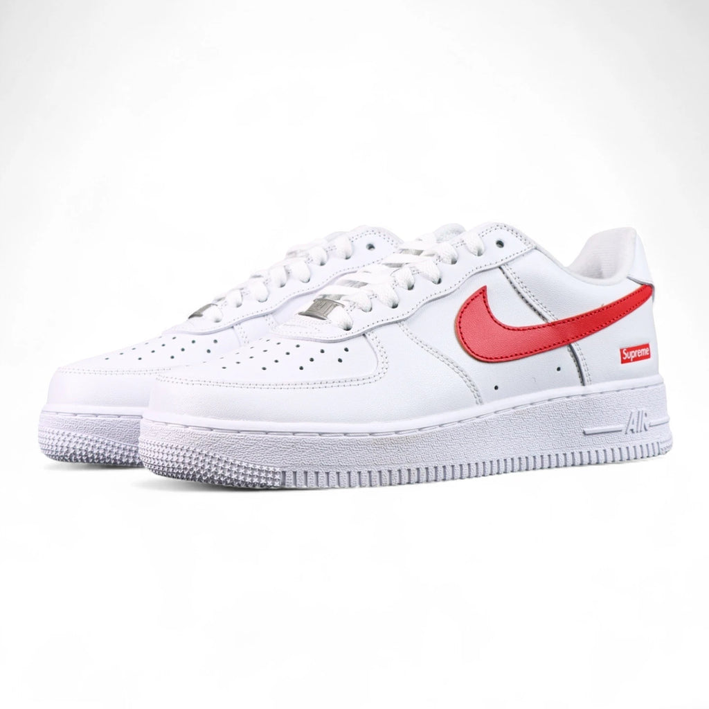 Supreme x Air Force 1 Low Box Logo Speed Red - pair three quarter front view white leather red Swoosh Pikachu