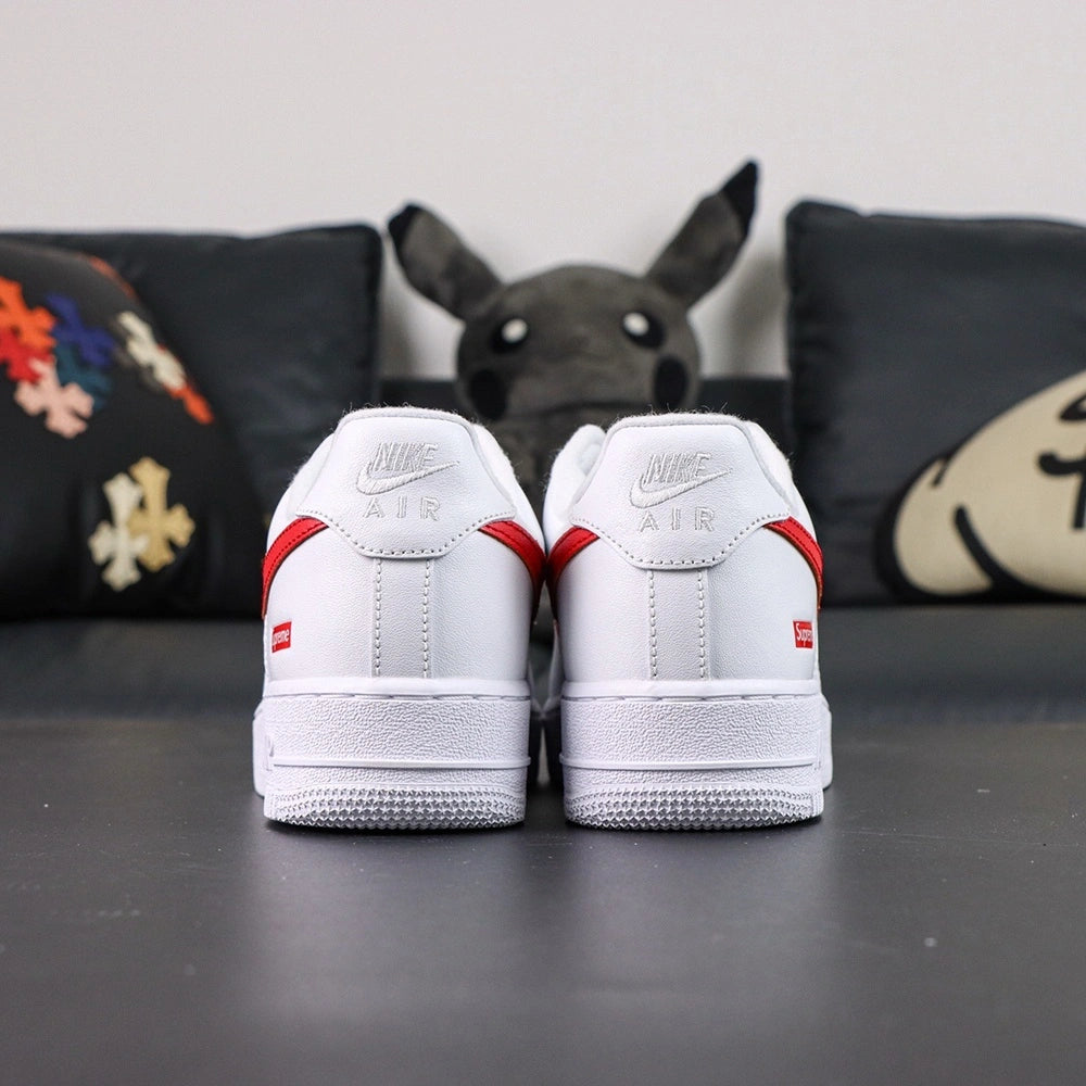 Supreme x Air Force 1 Low Box Logo Speed Red - toe box pair close up silver AF1 Supreme dubrae perforations