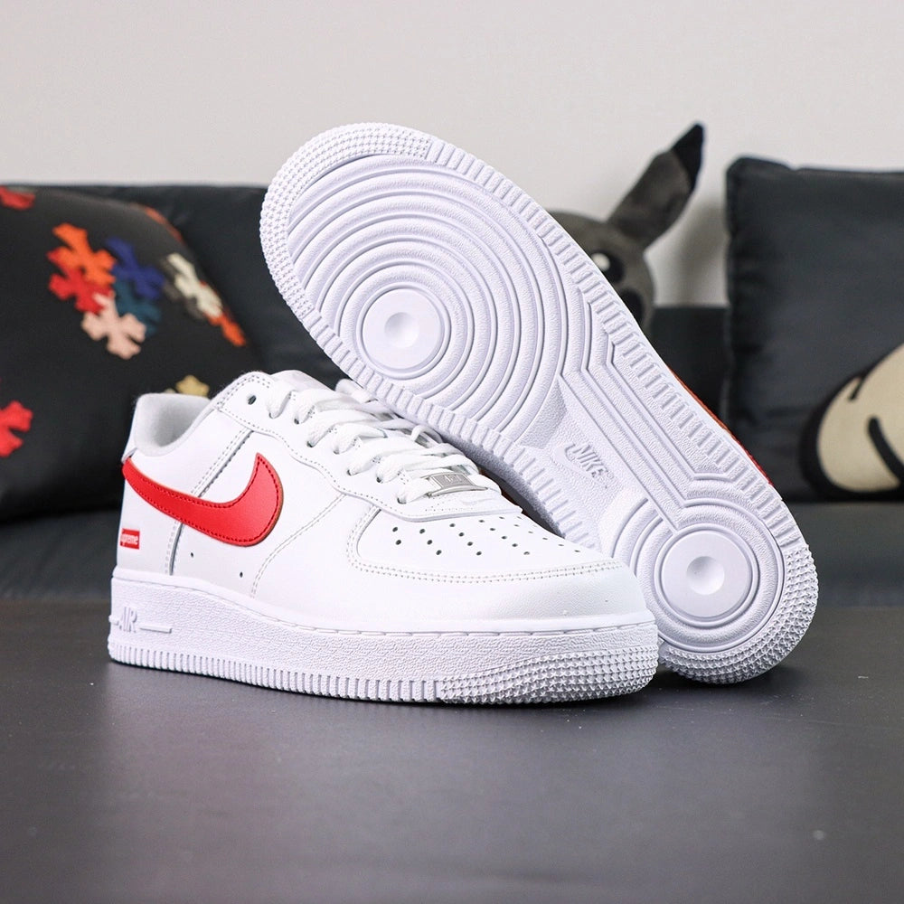Supreme x Air Force 1 Low Box Logo Speed Red - tongue overhead close up Supreme x Nike Air insole red Supreme label