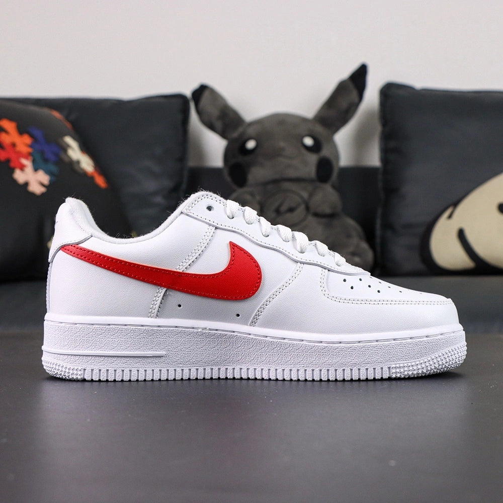 Supreme x Air Force 1 Low Box Logo Speed Red - pair three quarter view white background red Swoosh Supreme badge