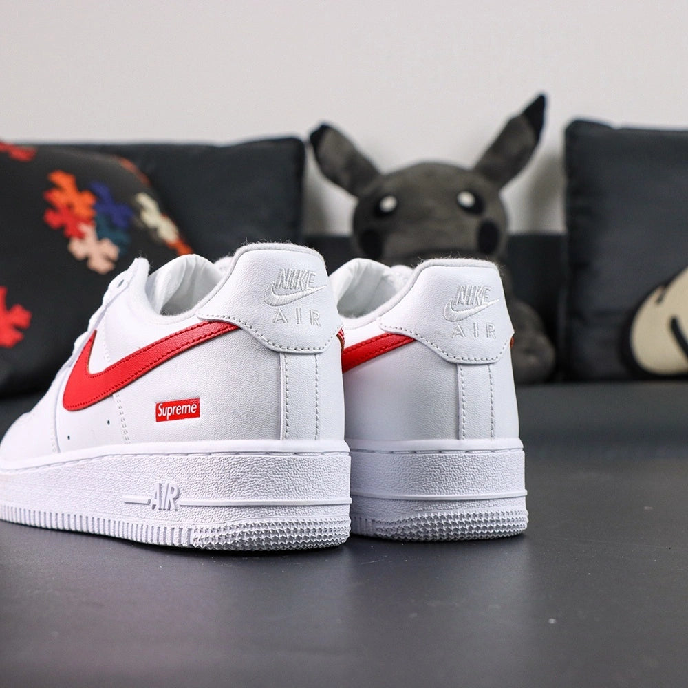Supreme x Air Force 1 Low Box Logo Speed Red - single shoe lateral profile red Swoosh Supreme badge Pikachu