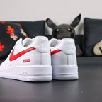 Supreme x Air Force 1 Low Box Logo Speed Red - single shoe lateral profile red Swoosh Supreme badge Pikachu