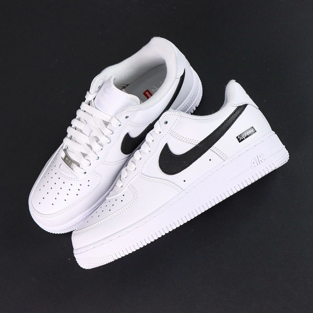 Supreme x Air Force 1 Low Box Logo White Black - tongue overhead close up Supreme x Nike Air insole red Supreme label