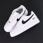Supreme x Air Force 1 Low Box Logo White Black - tongue overhead close up Supreme x Nike Air insole red Supreme label