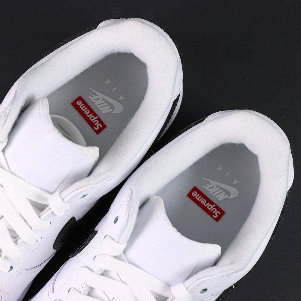 Supreme x Air Force 1 Low Box Logo White Black - single shoe lateral profile black Swoosh Supreme badge white outsole Pikachu