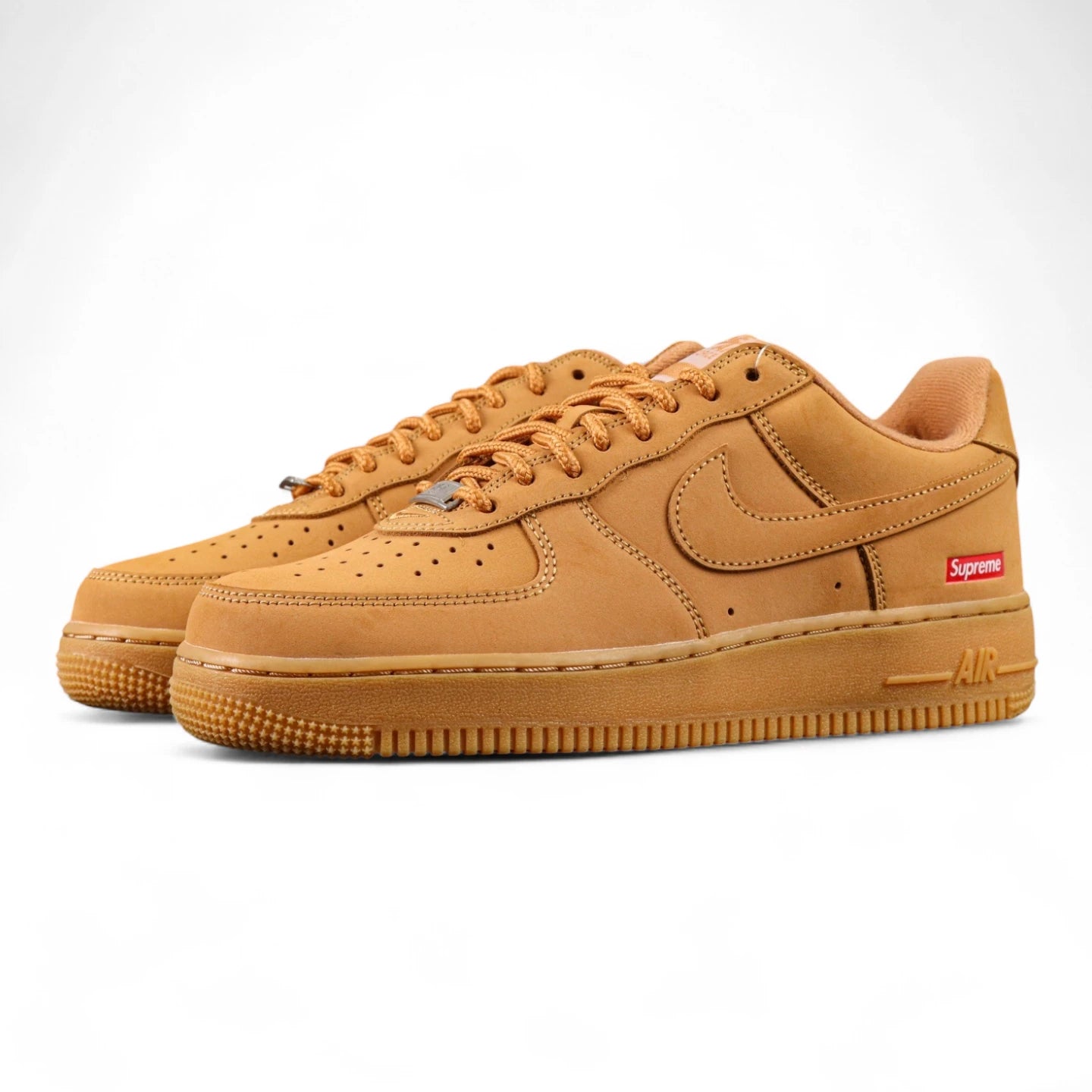 Supreme x Air Force 1 Low SP Box Logo Wheat - pair three quarter front view wheat nubuck tonal Swoosh Pikachu