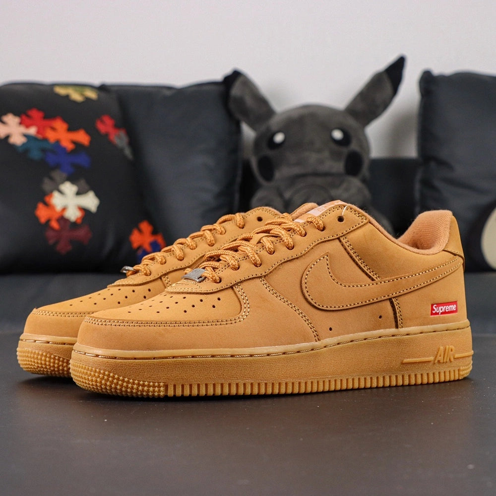 Supreme x Air Force 1 Low SP Box Logo Wheat - pair three quarter view white background clean wheat gum sole