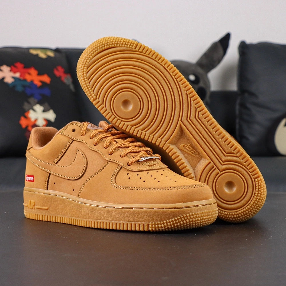 Supreme x Air Force 1 Low SP Box Logo Wheat - pair rear view Nike Air embroidery red Supreme badge Pikachu