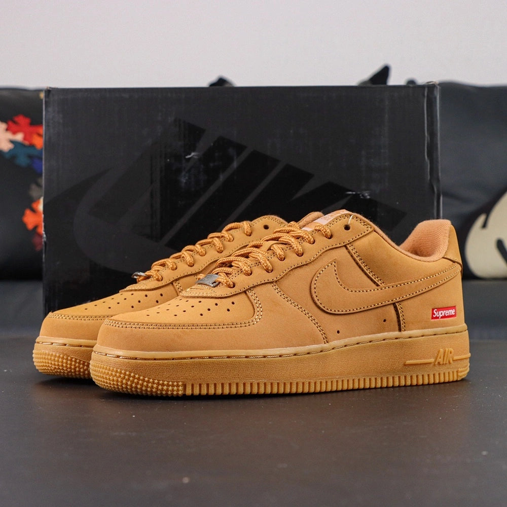 Supreme x Air Force 1 Low SP Box Logo Wheat - pair rear view red Supreme Box Logo badge AIR midsole Pikachu lifestyle