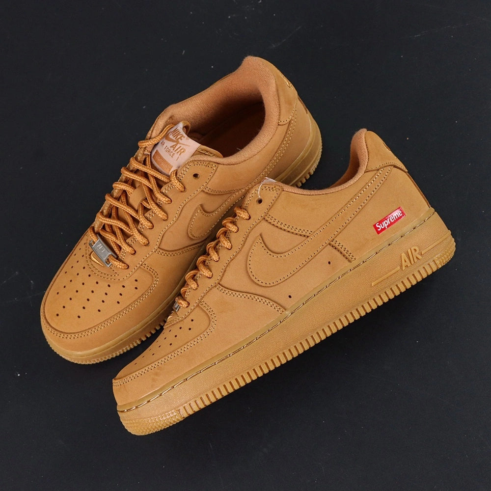 Supreme x Air Force 1 Low SP Box Logo Wheat - pair three quarter view lateral red Supreme badge wheat gum sole Pikachu