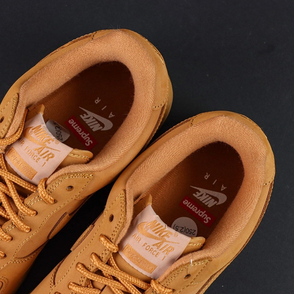 Supreme x Air Force 1 Low SP Box Logo Wheat - pair rear view Nike Air embroidery red Supreme badge Totoro Pikachu