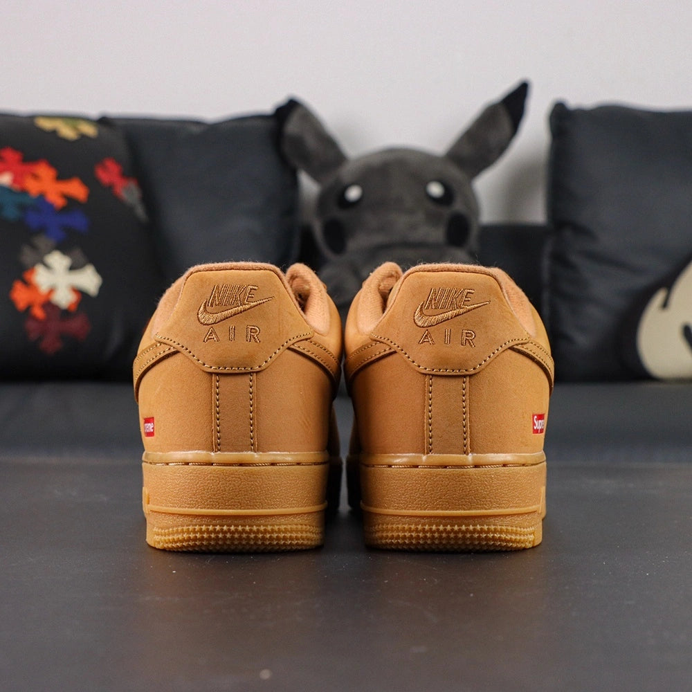 Supreme x Air Force 1 Low SP Box Logo Wheat - pair three quarter rear view AIR midsole red Supreme badge Pikachu lifestyle