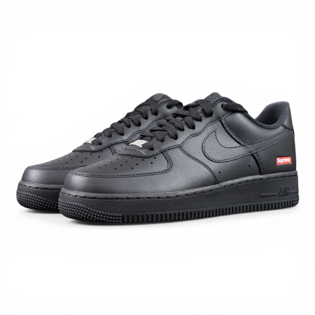 Supreme x Air Force 1 Low Box Logo Black - pair three quarter front view with black Nike box