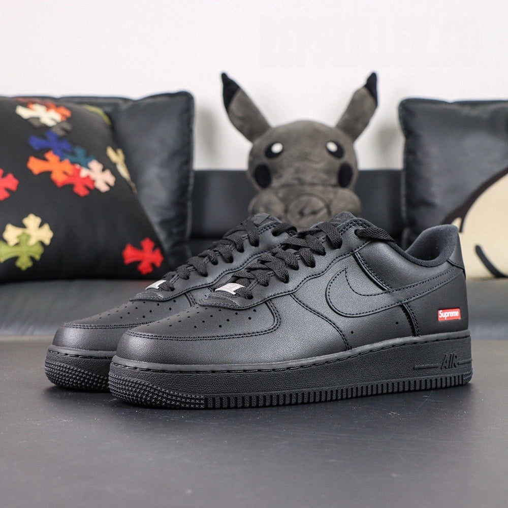 Supreme x Air Force 1 Low Box Logo Black - pair outsole bottom and lateral Supreme box logo Pikachu