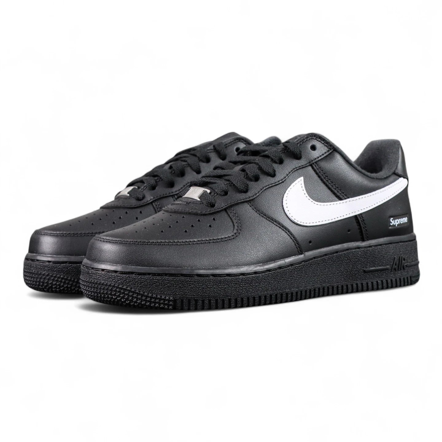 Supreme x Air Force 1 Low Box Logo Black White - pair three quarter rear view black outsole Pikachu