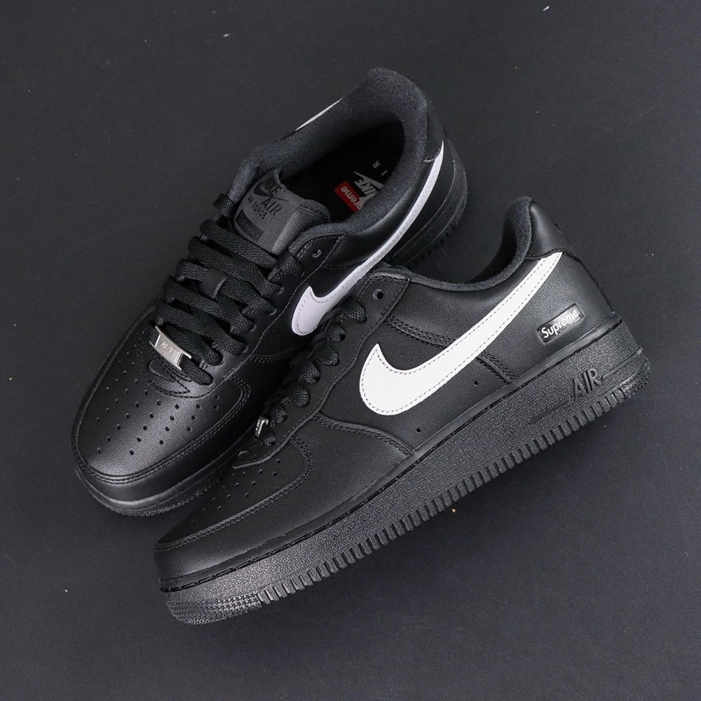 Supreme x Air Force 1 Low Box Logo Black White - single shoe lateral profile white Swoosh Supreme badge