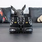 Swarovski x Air Max Plus Moonlight 2024 - Lateral Profile and Outsole View with Pikachu Plush on Dark Background Showing Full Crystal Rhinestone TN Upper and Full Black AM Plus Square-Block Circular Traction Outsole