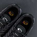 Swarovski x Air Max Plus Moonlight 2024 - Toe Box Close Up on Dark Background Showing Dense Swarovski Crystal Rhinestone Dot-Matrix Coverage on Black Suede TN Wave-Form Divider Lines and Quarter Panel