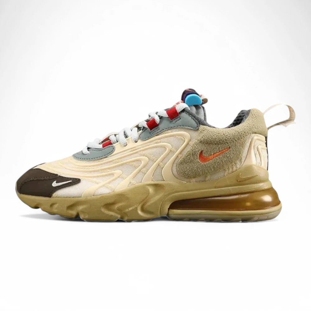Air Max 270 React Cactus Jack Light Cream Starfish CT2864-200 - Lace Area Top Down View on Olive Background Showing Purple and Sky Blue Dual-Colour Plastic Lace Dubrae Cream Lace Keeper with Orange 270 Text Red Rope Lace Loops Slate Blue Leather Lace Collar Overlays and Dark Charcoal Knit Ankle Collar with Purple Accent