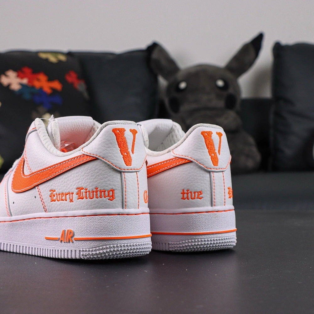 Vlone x NikeLab Air Force 1 Vlone White - pair three quarter view black Nike box orange logo lifestyle