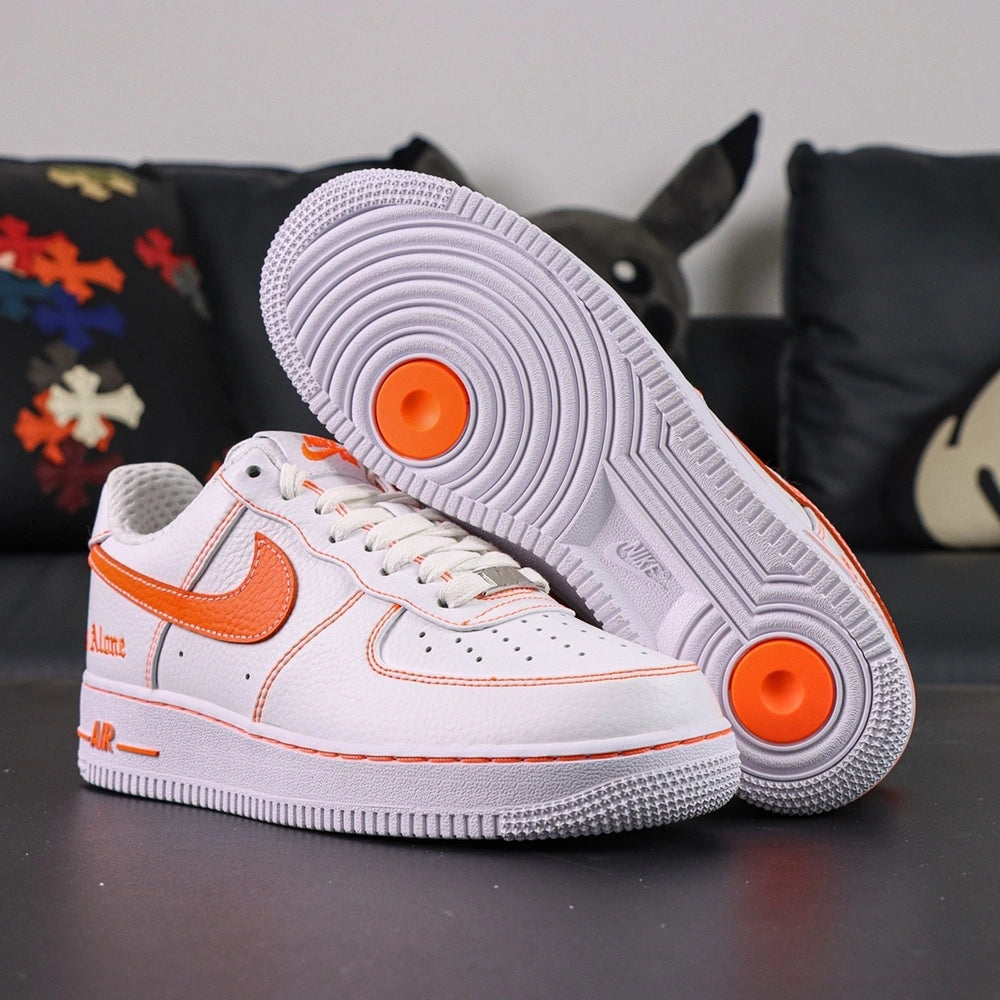 Vlone x NikeLab Air Force 1 Vlone White - tongue overhead close up orange Nike Air logo silver AF-1 82 dubrae