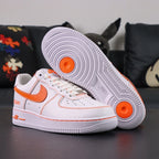 Vlone x NikeLab Air Force 1 Vlone White - tongue overhead close up orange Nike Air logo silver AF-1 82 dubrae