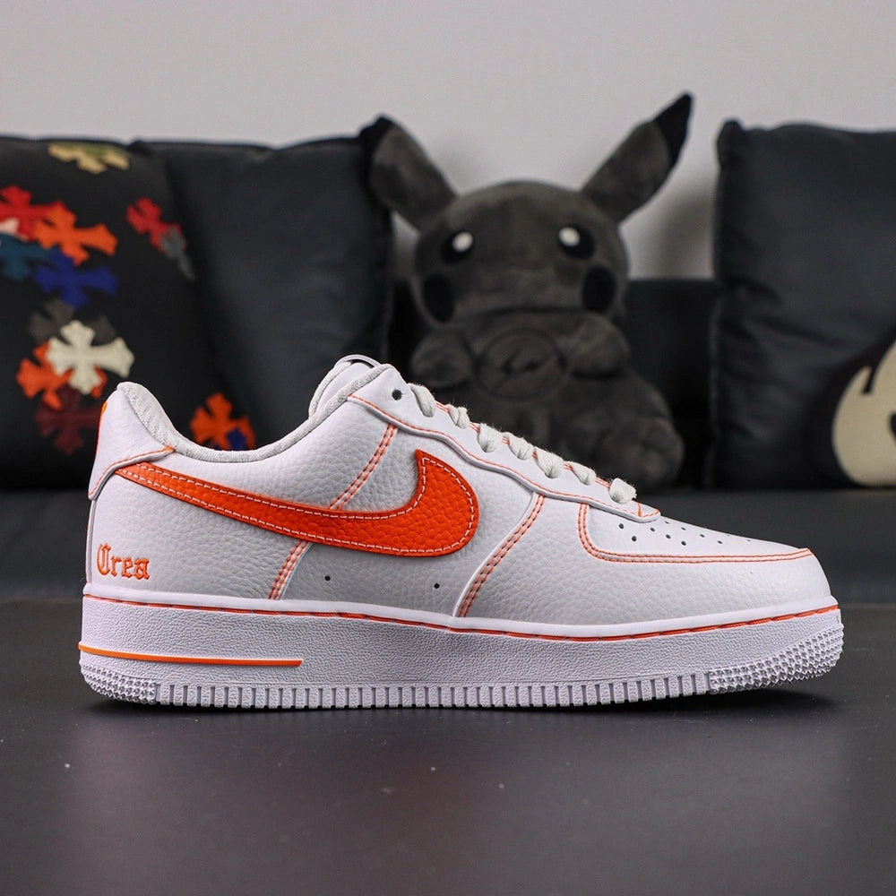 Vlone x NikeLab Air Force 1 Vlone White - pair three quarter view black background orange Swoosh Every Living gothic text