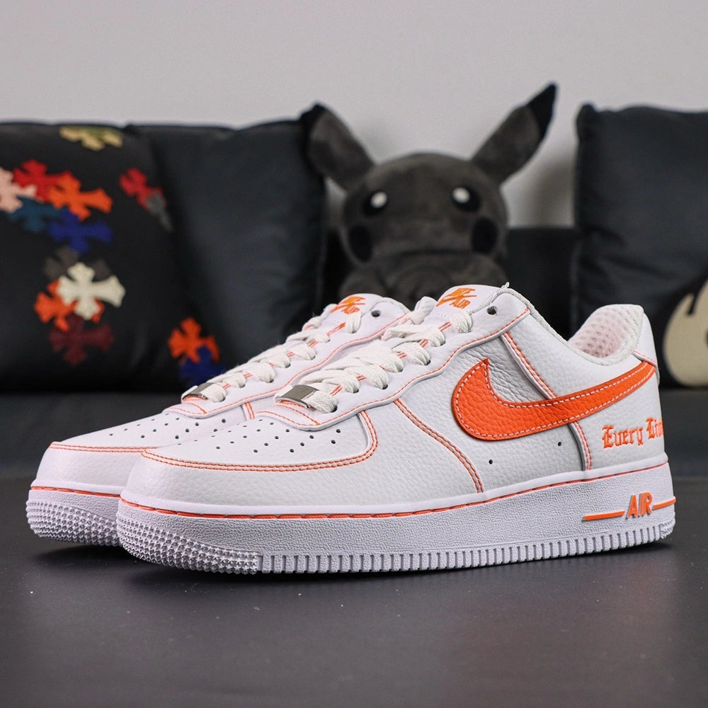 Vlone x NikeLab Air Force 1 Vlone White - toe box pair close up silver AF-1 82 dubrae orange stitching white outsole