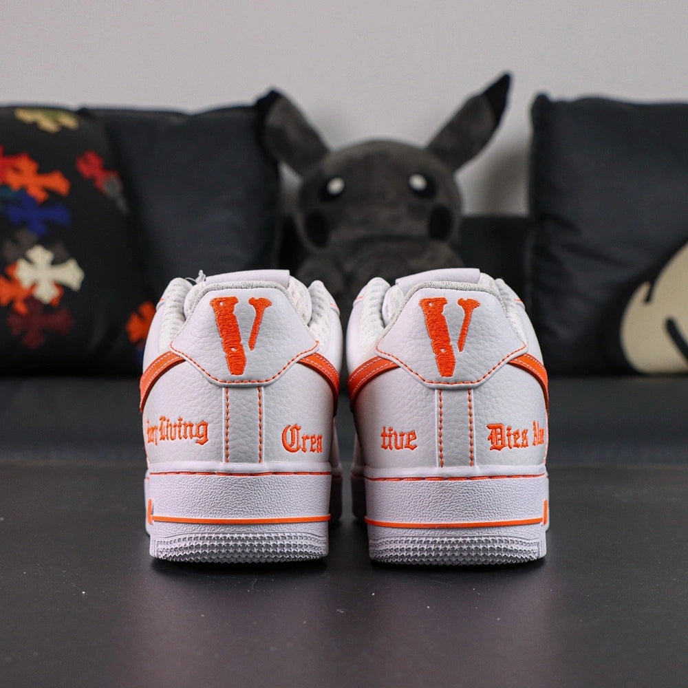 Vlone x NikeLab Air Force 1 Vlone White - single shoe lateral profile white background orange Swoosh Every Living gothic text AIR midsole
