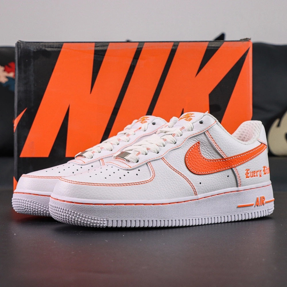 Vlone x NikeLab Air Force 1 Vlone White - pair rear view orange V Vlone embroidery Every Living Creative Dies Alone gothic text Pikachu